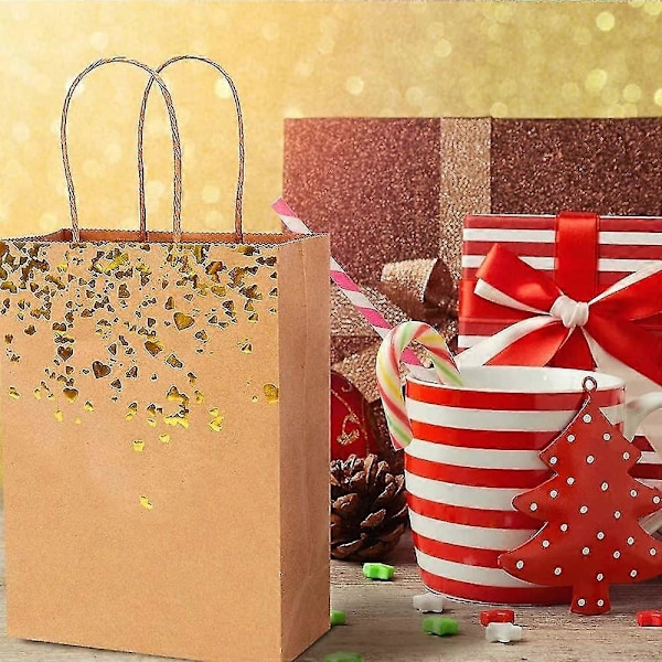 12 Stycken Papperspåsar, Presentpåsar, Presentpåse, Kraftpapperspåse, Kraft Bronzing Presentpåse, Kraftpåse Med Gyllene Hjärtmönster, För Födelsedag, Bröllop