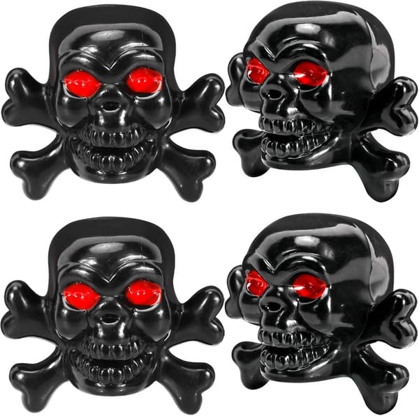 Set of 4 Universal Skull Pattern Tire Valve Caps with Rust-Resistant Copper Core, Black.