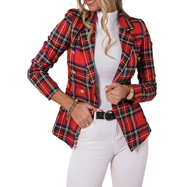 Stilful Slim Fit Tartan Blazer til kvinder - Langærmet jakke med knapper, rød, XL