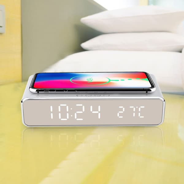 3 i 1 Elektronisk Sängklocka Termometer Digital Väckarklocka Trådlös Laddare