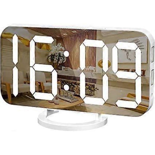 Digital väckarklocka, stor spegelvänd LED-display, med USB-laddare, snooze-funktion, dimläge, vägghängande bordsklocka för sovrum (Vit)