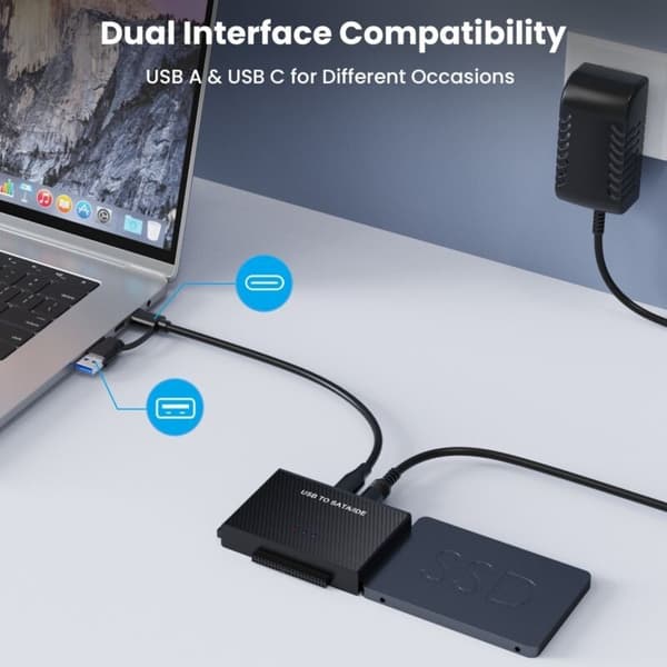 USB 3.0 - SATA/IDE-muunnin - Ulkoinen sovitin 2,5\" ja 3,5\" kiintolevyille USB C -kaapelilla.