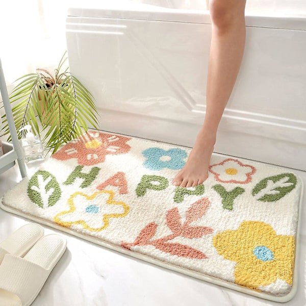 Skridsikker bademåtte 40 x 60 cm Tegneserieplanter Blomster Vandabsorberende Badeværelsesgulvmåtte Badetæppe Blød brusemåtte til bad til badekar Toilet Dørmåtte