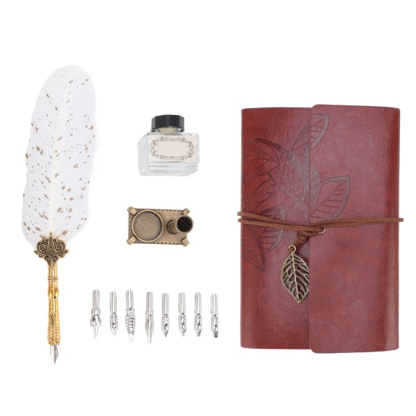 Quill Pen Notebook Set Klassisk lösbladspapper Feather Pen Notebook Present med 8 utbytbara spetsar för äldre lärare Vita prickar