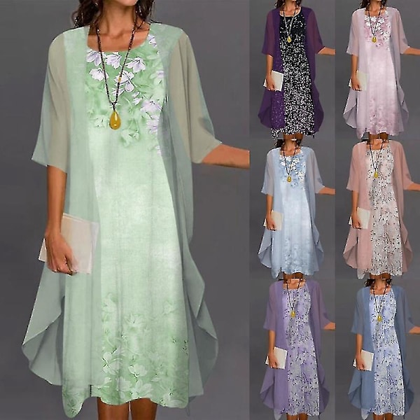 Bohemian Blomsterprint Kvinde Kjole Sæt - 3XL Himmelblå