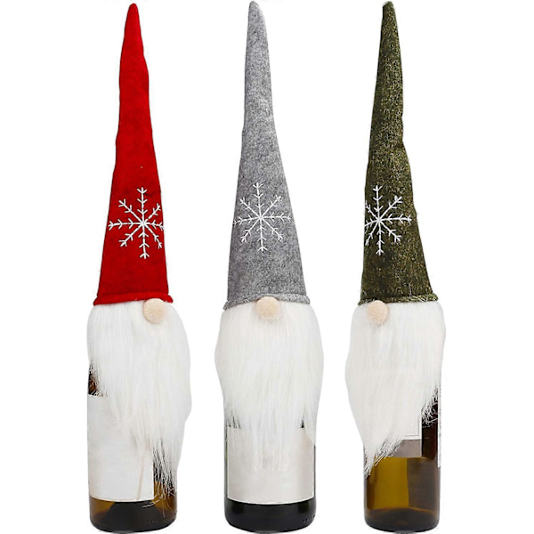 Juleflaskeovertræk (3 stk.) - Skandinavisk Julenisse (42 x 19 cm) Håndlavet Flaskedekoration til Vin Champagne Julefrokost Borddekoration