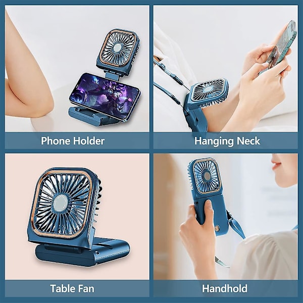 Bärbar Handhållen Halsbandfläkt - Vikbar, Mini, Tyst, USB Laddningsbar, Mobiltelefonhållare Funktion, 3000mAh Powerbank