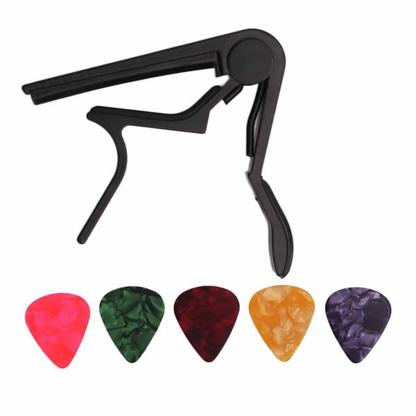 Capo Quick Release String Clamp Tilbehørssett med 5 stk gitarplekter for bassbanjo svart