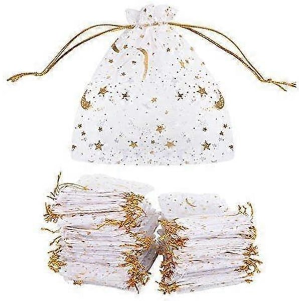 100 st Organzapåsar (9 * 12 cm) Sockersäck Smyckespåsar Godispåsar Stjärnmönster Månmönster Varmtryck för Fest Bröllop Godis Choklad Jul Födelsedag