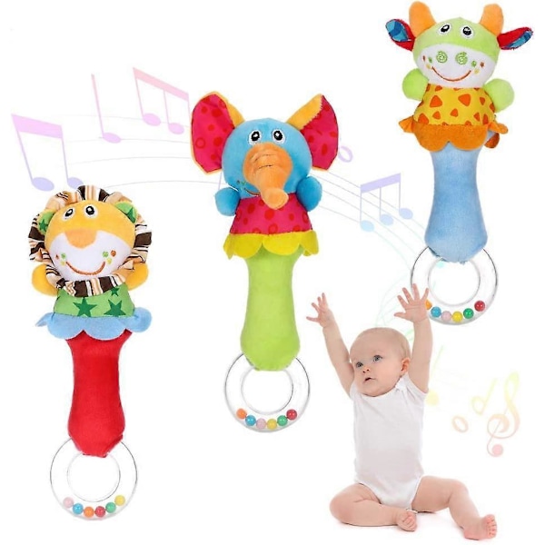 3-pack skallror för baby, baby shaker, mjuka plyschleksaker, musikaliska pedagogiska leksaker, spädbarnsutveckling för bebisar 0-12 månader (elefant/lejon/