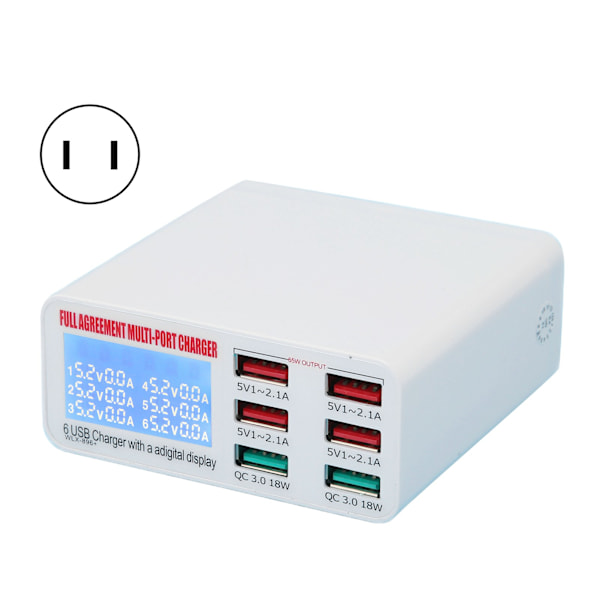 QC3.0 Flere USB Vægoplader 6 Muti Port USB Adapter Strømstik Hurtig Opladning Blok Cube med LED Display 100‑240VUS Stik