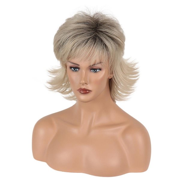 Ljusblond Bleach Black Curly Short Wig Syntetfiberperuk för kvinnor