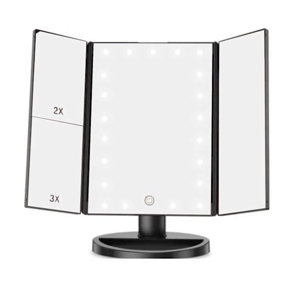 LED-sminkebordsspeil, trefoldig USB, svart, med datakabel, lite speil, sminkebordsspeil for soverom daglig
