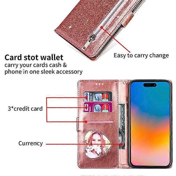 Kompatibel med iPhone 16 Pro Max Etui Glitter Læder Stativ Telefonetui Lynlåslomme PinkGold