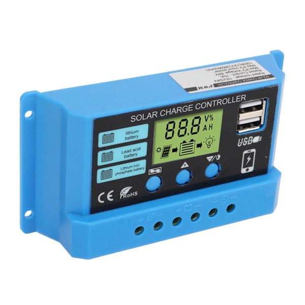 Solcelleladningsregulator 12V 24V Batteri Solpanel Ladningsregulator til Hjem RV 20A
