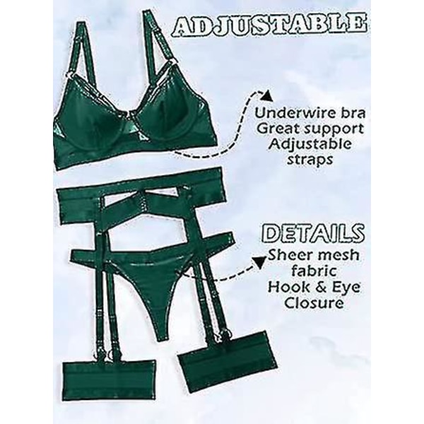 Strappy grønt undertøyssett med strømpebånd, BH, truse og lårstropper