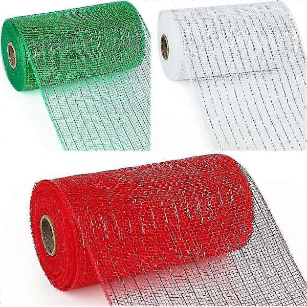 3 Rullar Meshband, 15 cm x 9,1 meter, Röd Grön Vit Randig Dekorationsmesh för Kransar, Girlanger och Juldekoration_SZXM