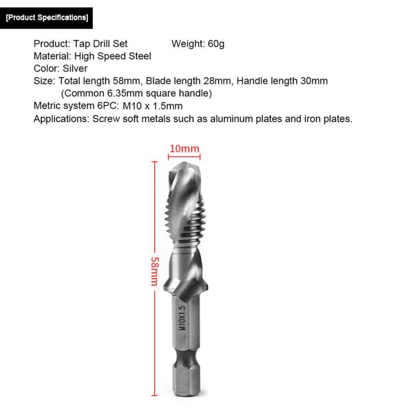 M10 HSS 1/4\" Hex Shank Bor & Gjenge Taper Bor Power Tool Del