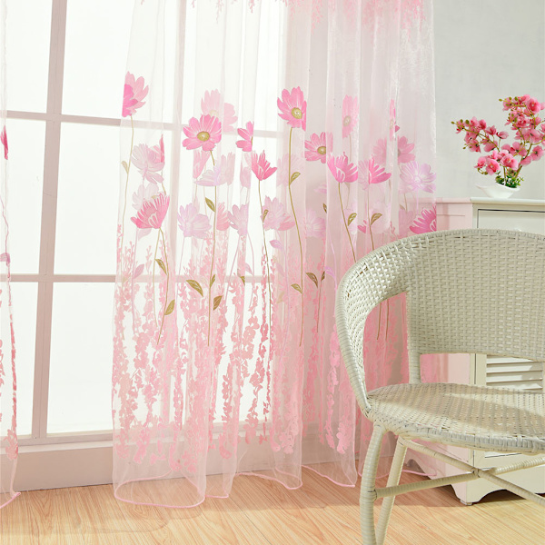 Polyester Floral Pattern Vindus Tulle Voile Gardin Soverom Stue Innredning (Rosa)