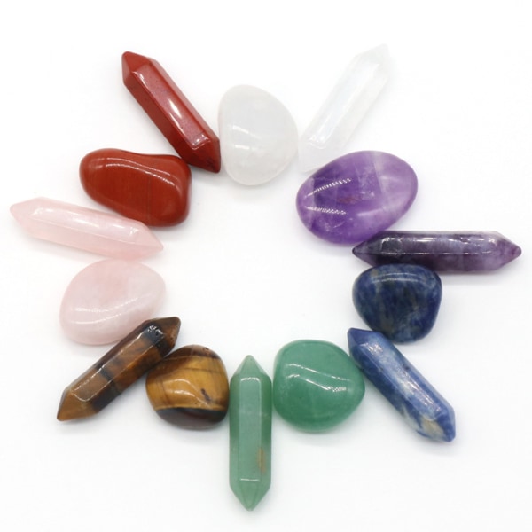 14 stk Premium Crystals Kit 7 Chakra Sæt Sekskantet Søjle Uregelmæssig Yoga Stone Spirituel Massage Stone Labradorite