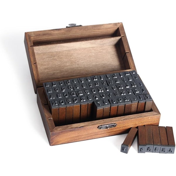 70-delt gummialfabet og talstempelsæt i trææske - håndværksstemplere med bogstaver og symboler