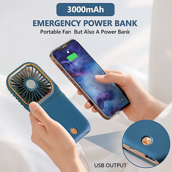 Bärbar Handhållen Halsbandfläkt - Vikbar, Mini, Tyst, USB Laddningsbar, Mobiltelefonhållare Funktion, 3000mAh Powerbank