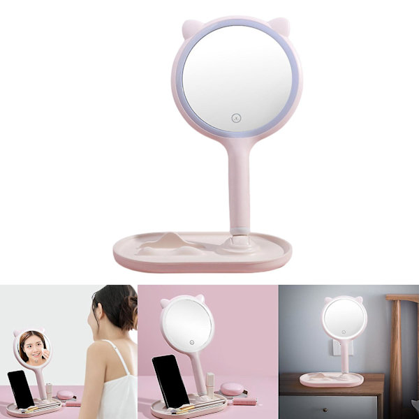 2 x LED-belyst sminkspegel för skrivbord, handhållen, dimbar, toalettbord, badrum, rosa
