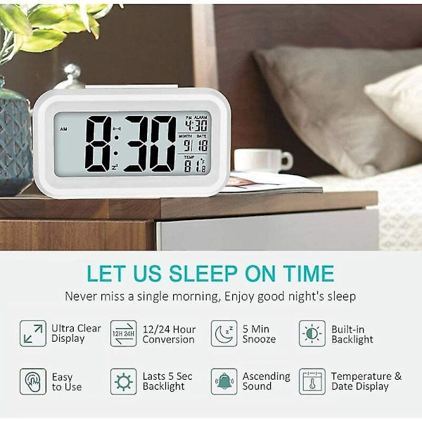Digital Väckarklocka Morgonväckarklocka, Tyst Batteridriven Digital Väckarklocka för Barn Vuxna Stor LED-Display Temperatur Kalender (Vit)