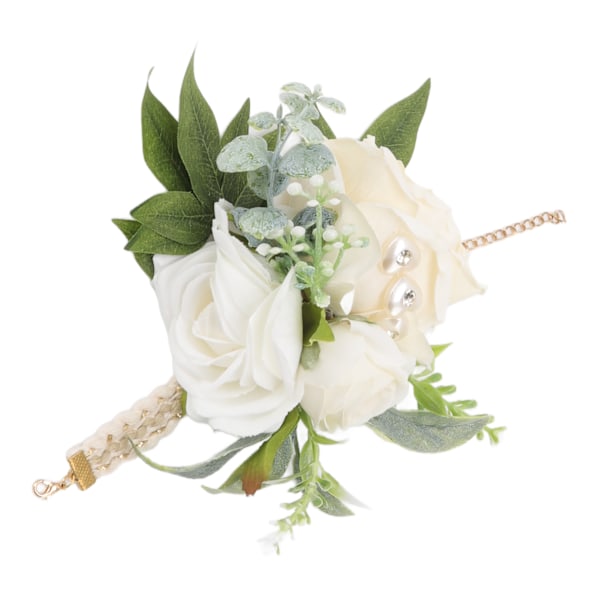 Handledsblommor för bröllop, brud, handledsblomma, dekorativa vita rosor och gröna blad för bal