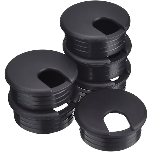 6-delt sett med 45 mm svarte skrivebordshylser i plast for ledningshåndtering
