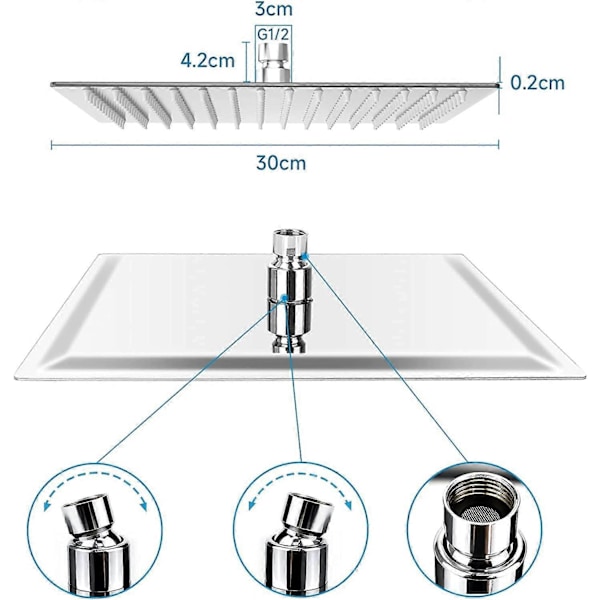 Antikalk Dusjhode, Vannbesparende Regndusjhode med Dyser i Rustfritt Stål 12 tommer/30 cm Polert Kromfinish (Speil), Firkantet