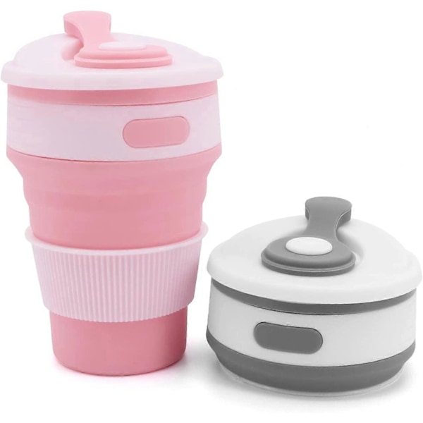 2-pack Hopfällbara Koppar Silikon Kaffekoppar Resemugg Återanvändbara Isolerade Termiska Campingmuggar Keep Cup (Grå+rosa)