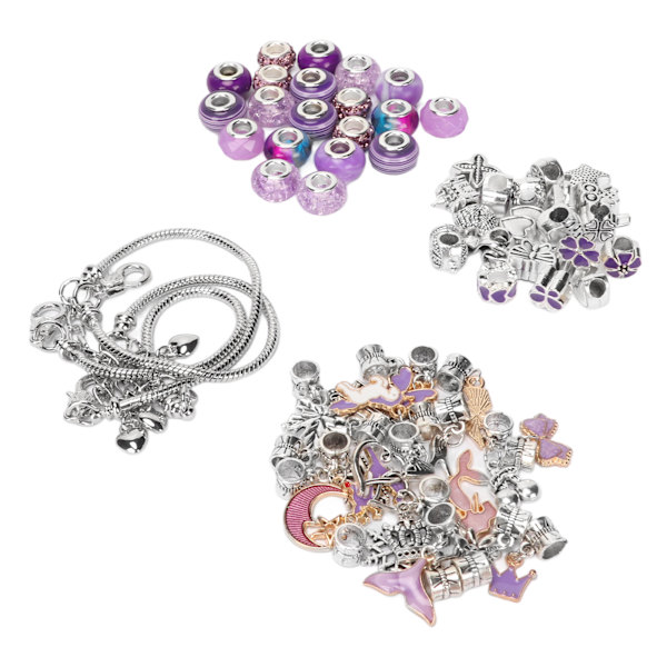 Armbåndssæt med udsøgte grundlæggende armbånd, vedhæng, store perler, farvede perler, DIY smykkefremstillingssæt, lilla