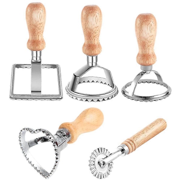 5 stk. Ravioli Stempelsett, Ravioli Kuttere med Trehåndtak og Riflet Kant Konditorikutter Dumpling Maker for å Lage Ravioli, Empanadillas eller Kjeks