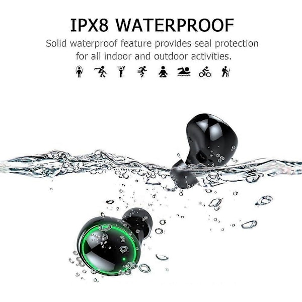 Trådløse ørepropper, Bluetooth 5.0 headset IP8 vandtætte ørepropper, in-ear hovedtelefoner