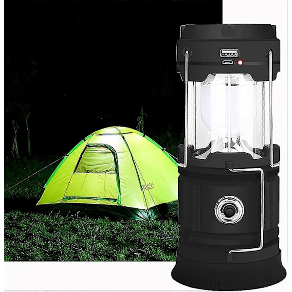 Musta aurinko-/USB-ladattava LED-lyhty, tehokas retkeilylamppu, 2 tilaa, kannettava puutarhalyhty, 360 asteen taskulamppu ripustusvalolla, vedenpitävä Bivou-käyttöön