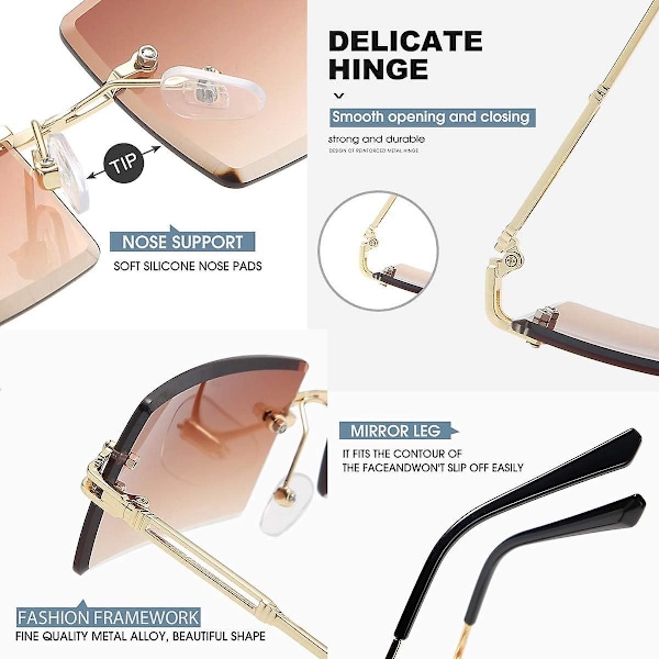 Bågösa rektangulära solglasögon Dammode Bågösa fyrkantiga glasögon Herr Ultralätta UV400-glasögon Unisex, mörkbrun, 57