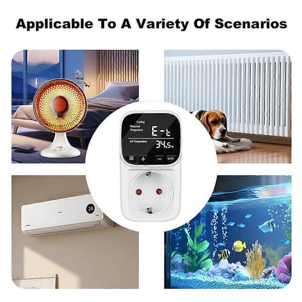 Smart WiFi Digital Termostatstik Tuya App Fjerntermostat med Timer Sensor Probe Varme Køling Afbryder EU-stik Vit