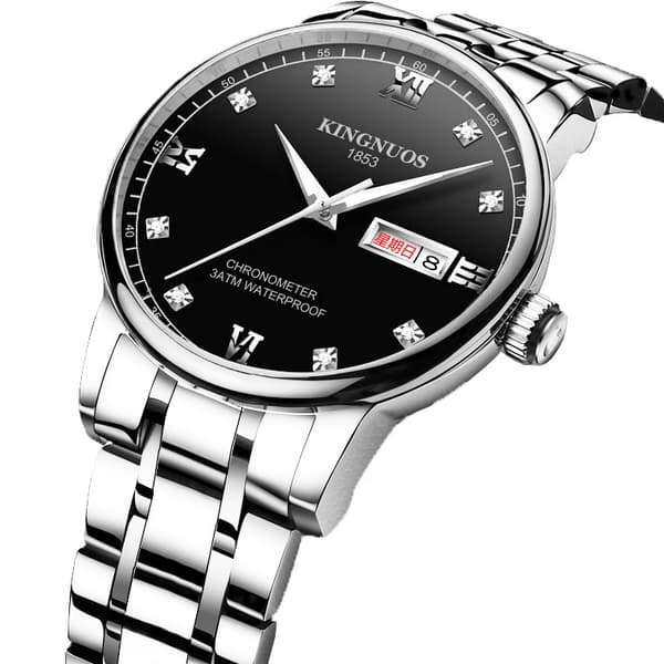 Trendy vandtæt lysende studenterur med nitter Sort dia Black dial Silver belt