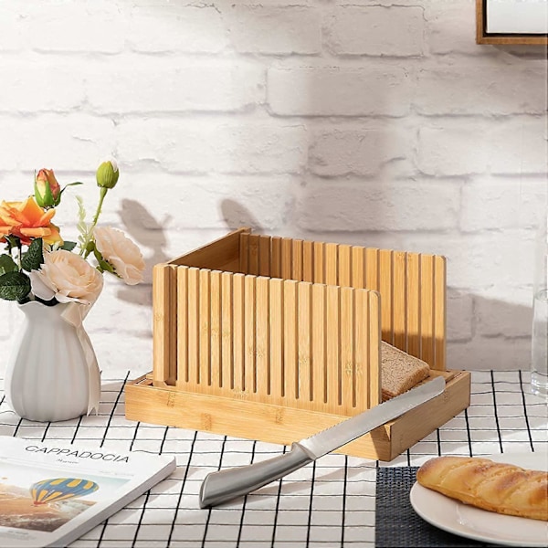 Brödskärare i bambu, hopfällbar, justerbar tjocklek för hembakat bröd, med smulbricka, lämplig för bröd, kakor och bagels, naturlig