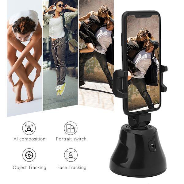 ABS Portable Outdoor 360 Panorama Automatisk Identifikasjon Ansikt etter opptak Rotasjonssporing Selfie StickBlack