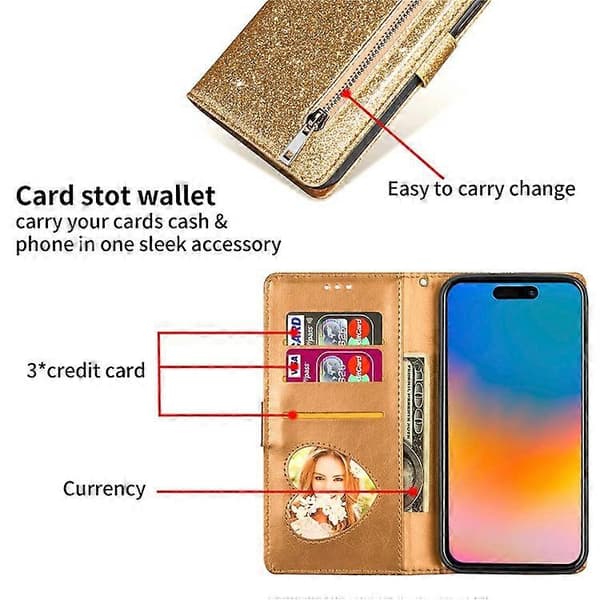 Kompatibel med iPhone 16 Pro Max Etui Glitter Læder Stativ Telefonetui Lynlåslomme Gold