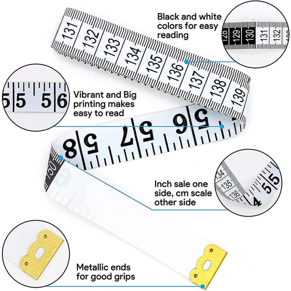Hvit dobbeltsidig målebånd for søm, bryst og midje - 150 cm