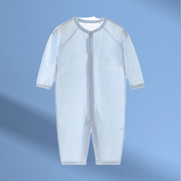 Baby Jumpsuit Tunn Andningsbar Mjuk Bomull Knappstängning Spädbarns Sovkläder för Sommar Ljusblå 59cm