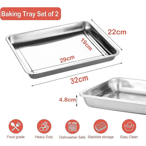Bageplade Sæt med 2, Bageplader i rustfrit stål til ovn, Non-stick, Spejlfinish, Ikke-giftig & Sund bageplade, Nem rengøring & Opvask