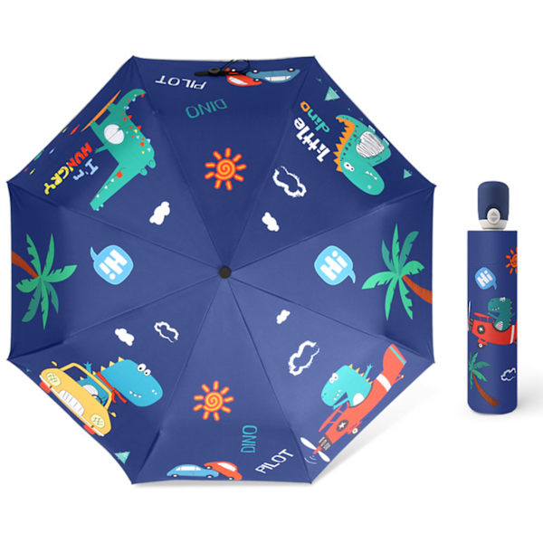 Sol og regn paraply 8 ribber automatisk åben luk sol blok UV bevis bærbar foldbar paraply sort vinyl med reflekterende stribe dinosaur bil