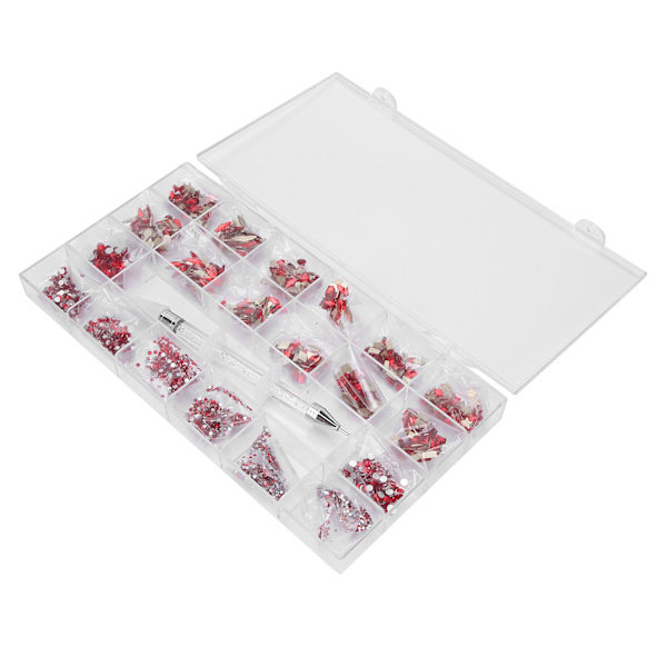 600+2500stk Rød Neglekunst Dekoration Flatback Glas Sten DIY Neglekunst Picker Dotting Pen Sæt