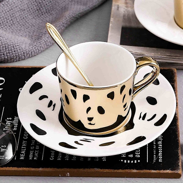Kaffekopp med Panda-mönster och Reflexionsspegel, Guld Porslinsmugg, Keramisk Tekopp och Fat, 250ml