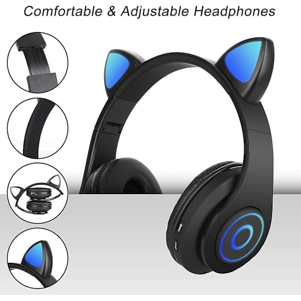 Sammenleggbare Cat Ear trådløse Bluetooth-hodetelefoner med innebygd mikrofon for barn, stereolydhodesett for telefoner, nettbrett og PC (svart)