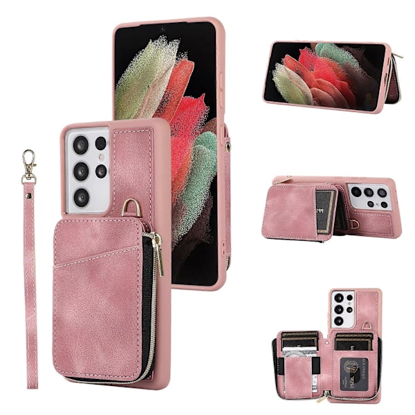 Etui til Samsung Galaxy S23 Ultra, Lynlås Læder Etui, Pink